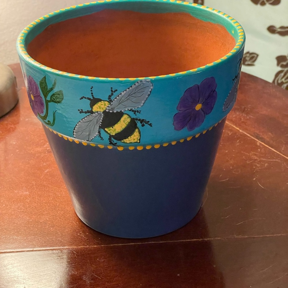 Hand crafted upcycled BEE Terra cotta pot painted blue purple yellow dots floral - Picture 13 of 14